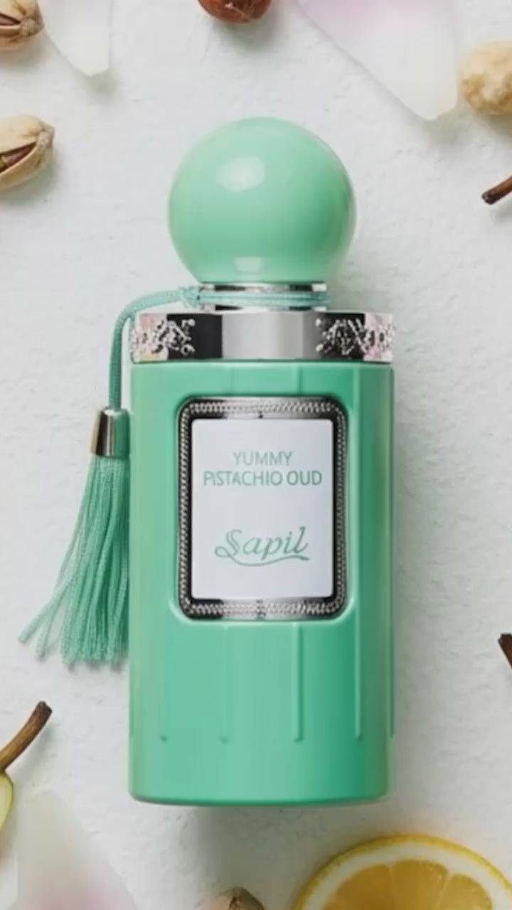 Sapil Yummy Pistachio Oud Eau de Parfum 100ml unisex perfume video showcasing creamy pistachio sweetness with soft oud warmth and elegant gourmand vibe