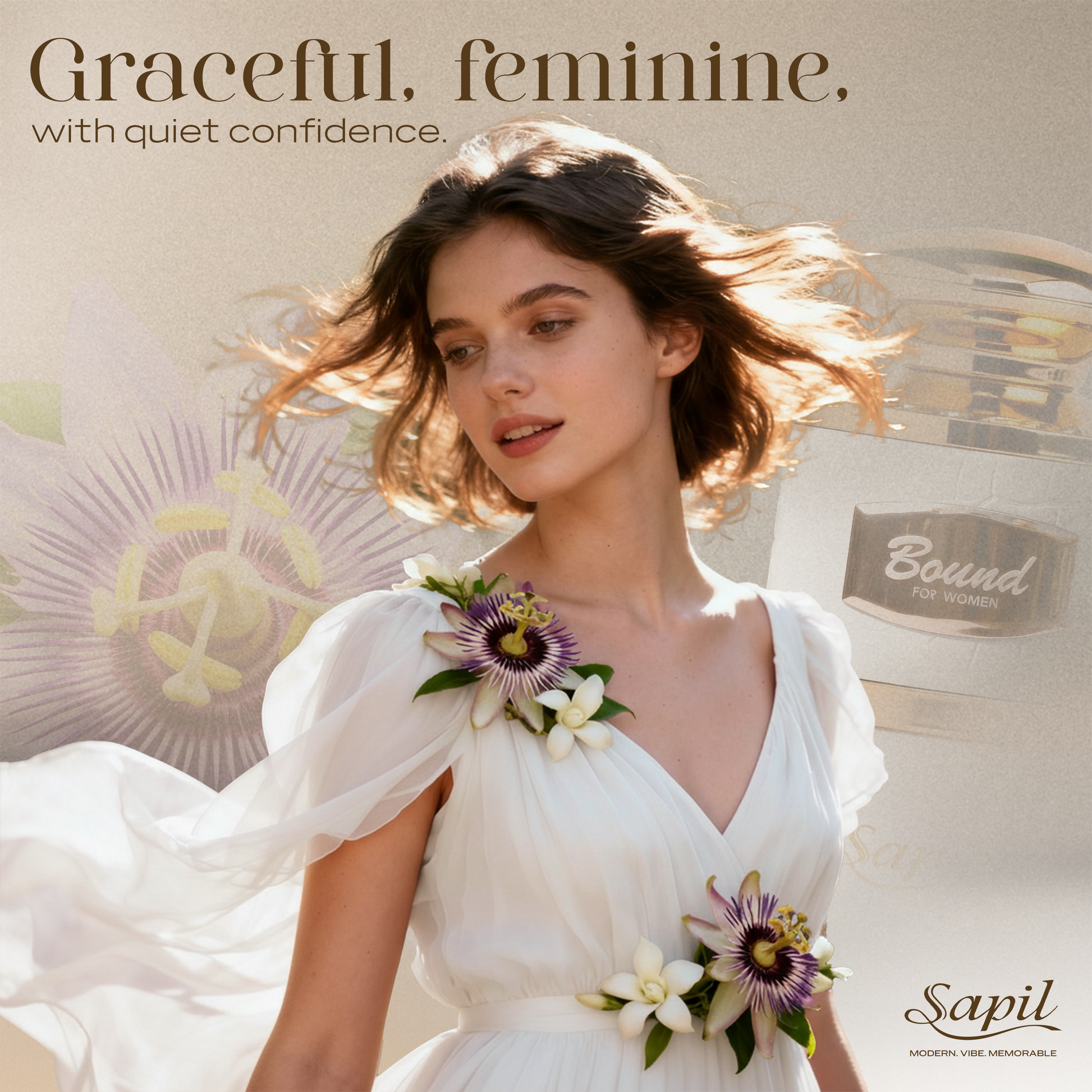 Graceful feminine woman wearing white dress representing Sapil Bound for Women perfume with soft floral elegance and quiet confidence
