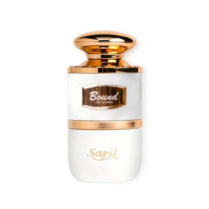Sapil Bound for Women perfume bottle with white and gold luxury design elegant long lasting fragrance