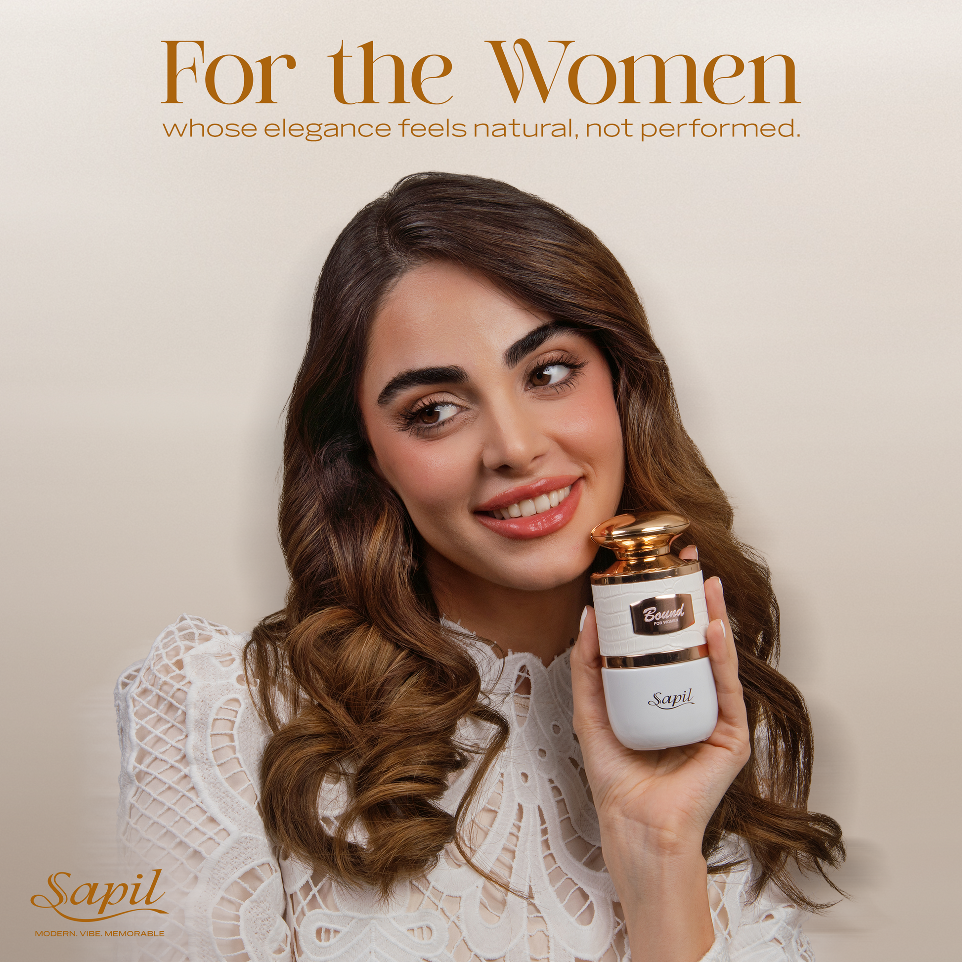 Elegant woman holding Sapil Bound for Women perfume with white and gold bottle showcasing natural feminine elegance and luxury fragrance