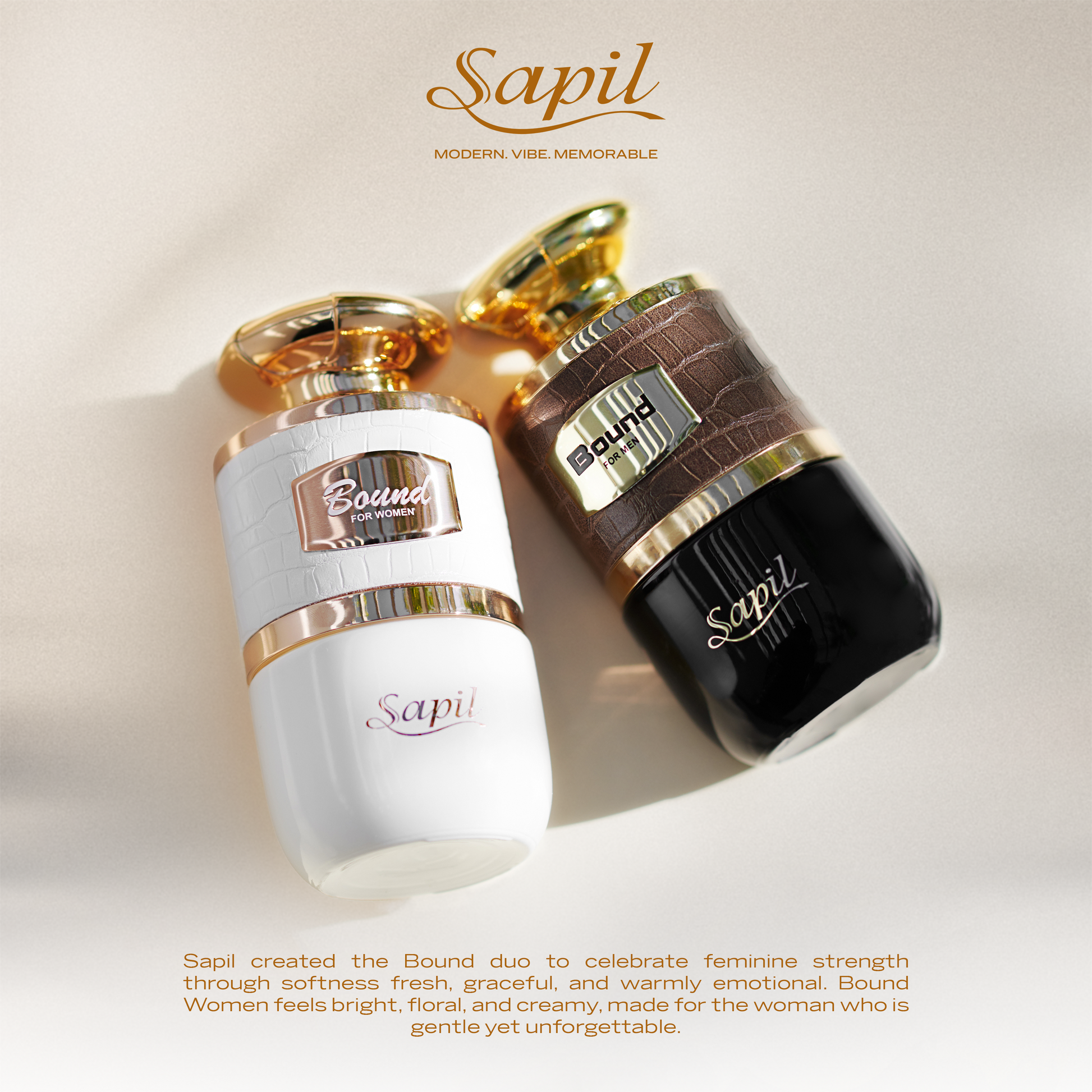 Sapil Bound duo perfume collection featuring Bound for Women and Bound for Men luxury his and hers fragrance set