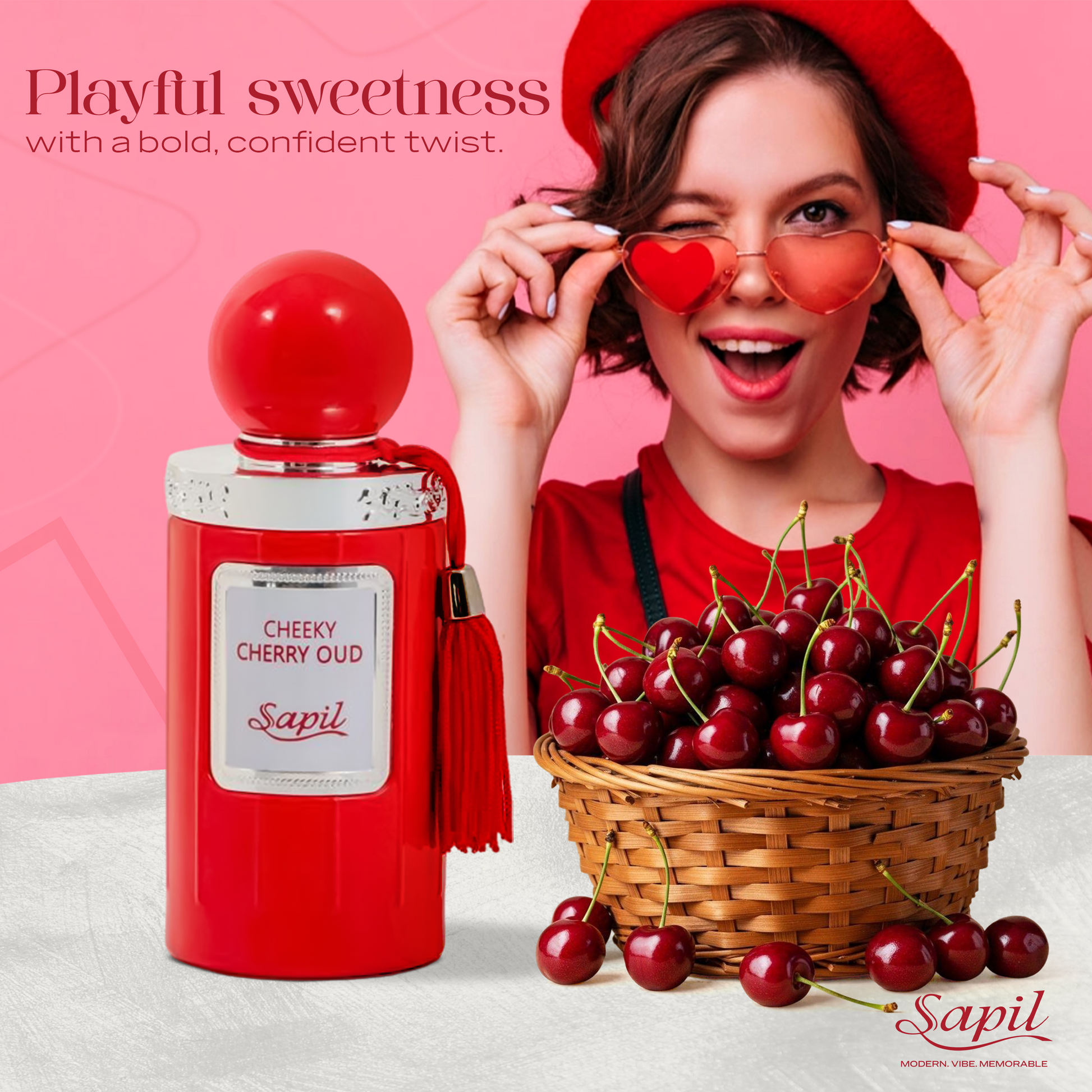 Lifestyle image of Sapil Cheeky Cherry Oud Eau de Parfum featuring playful sweetness, bold cherry notes and confident gourmand vibe with red perfume bottle