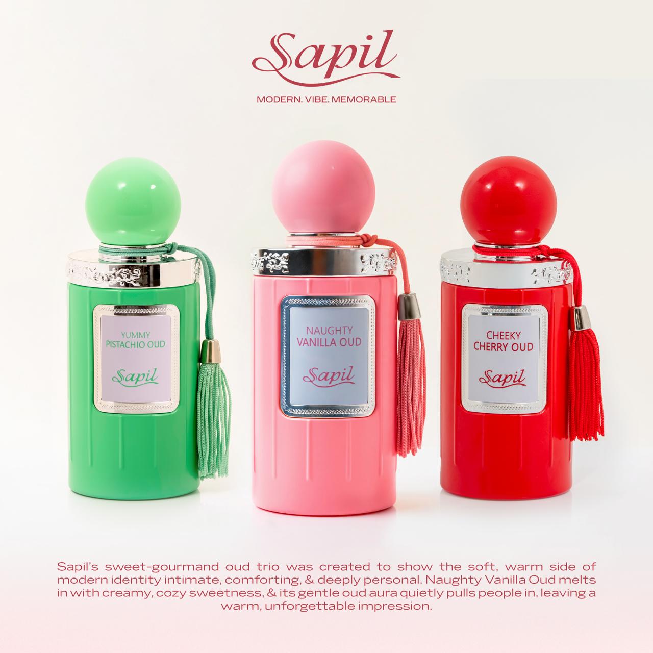 Sapil sweet gourmand oud perfume trio featuring Naughty Vanilla Oud Cheeky Cherry Oud and Yummy Pistachio Oud luxury women fragrance collection