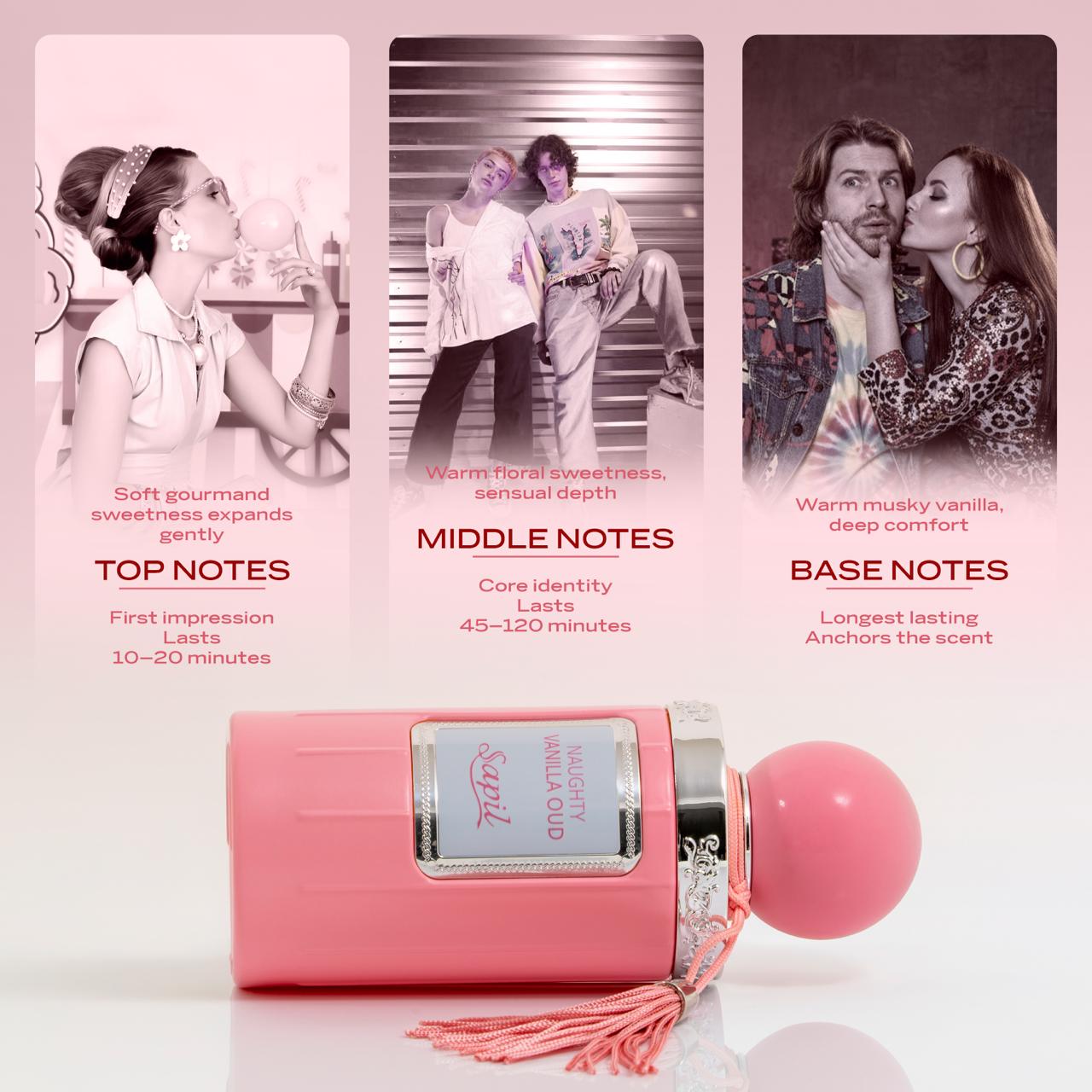 Sapil Naughty Vanilla Oud women perfume with gourmand top notes floral heart and musky base