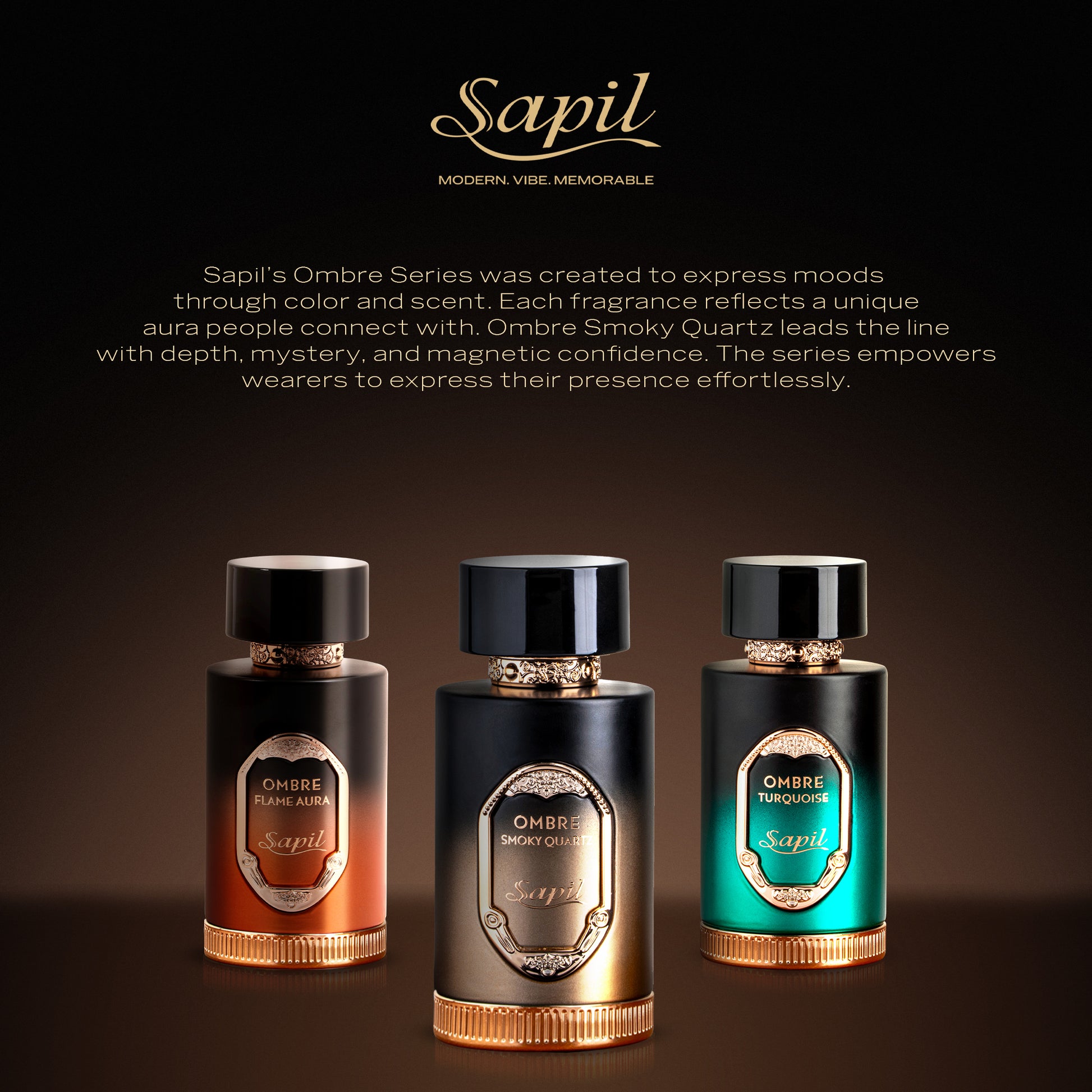 Sapil Ombre Series luxury perfume collection featuring Smoky Quartz, Flame Aura, and Turquoise fragrances