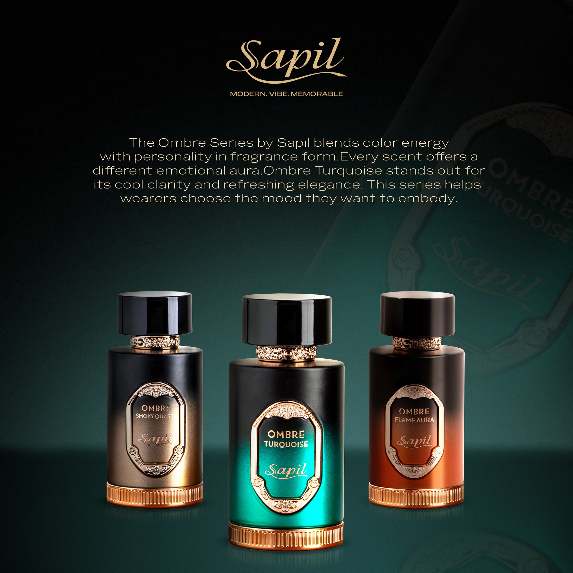Sapil Ombre Series luxury perfume collection featuring Turquoise, Smoky Quartz, and Flame Aura with modern elegant fragrance identity