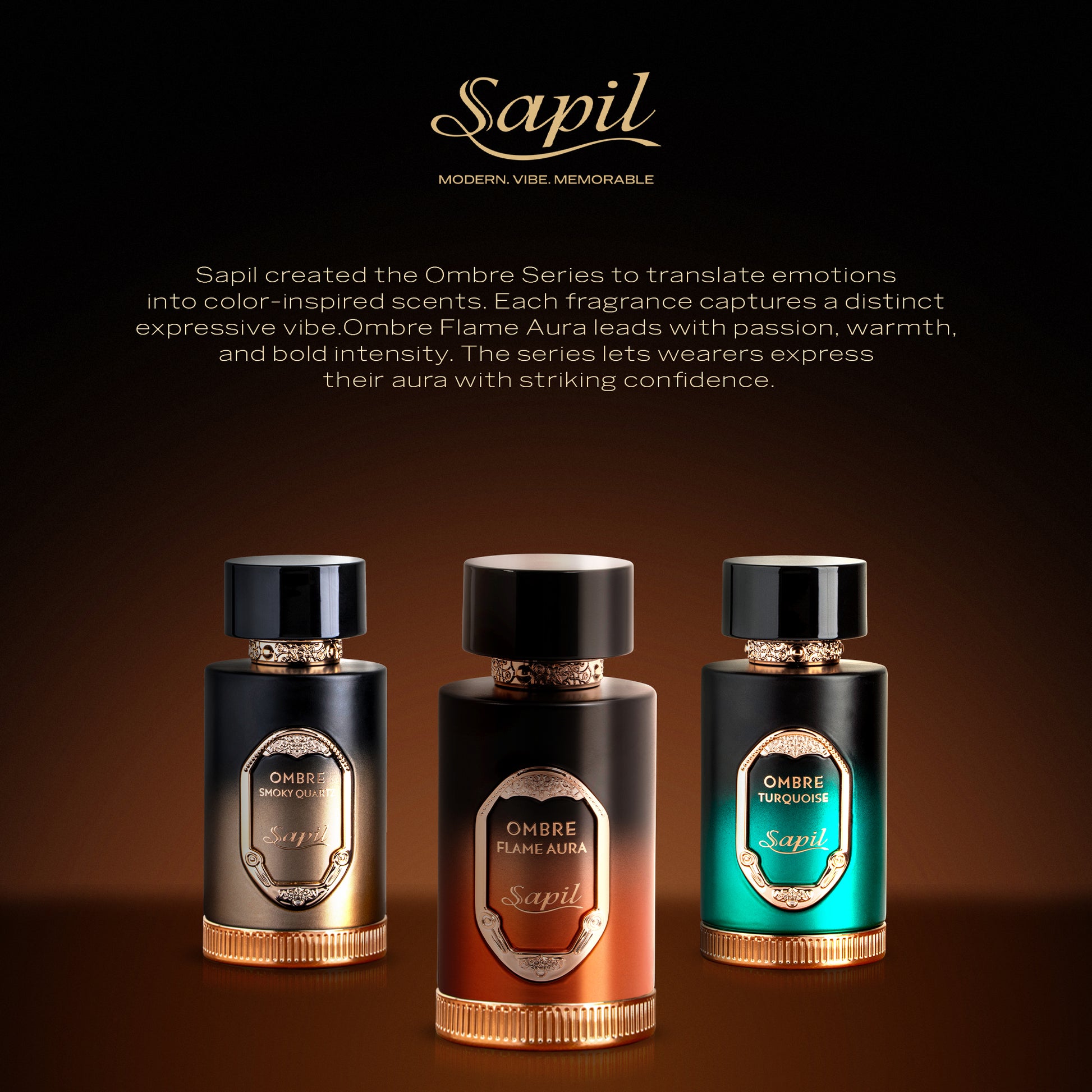 Sapil Ombre Series perfumes featuring Flame Aura Smoky Quartz and Turquoise with bold expressive confidence