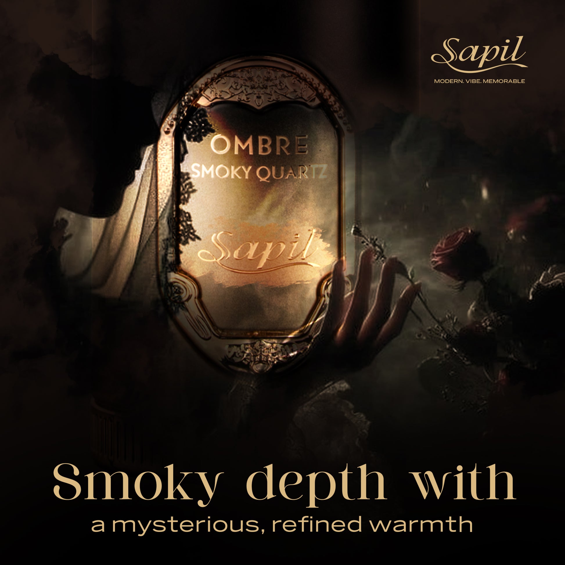Sapil Ombre Smoky Quartz luxury perfume campaign image showing smoky depth, dark elegant mood, and refined warm fragrance aesthetic