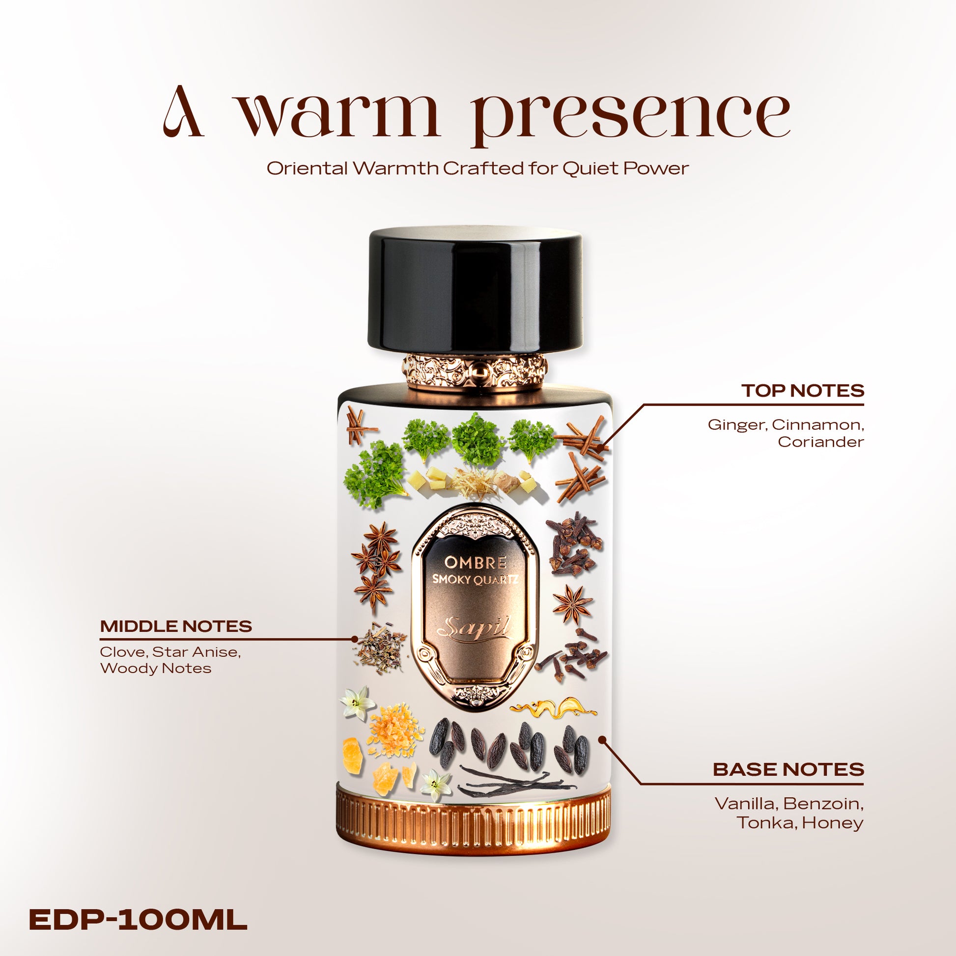 Sapil Ombre Smoky Quartz Eau de Parfum 100ml fragrance notes showing ginger cinnamon coriander top notes, clove star anise woody middle notes, and vanilla benzoin tonka honey base notes