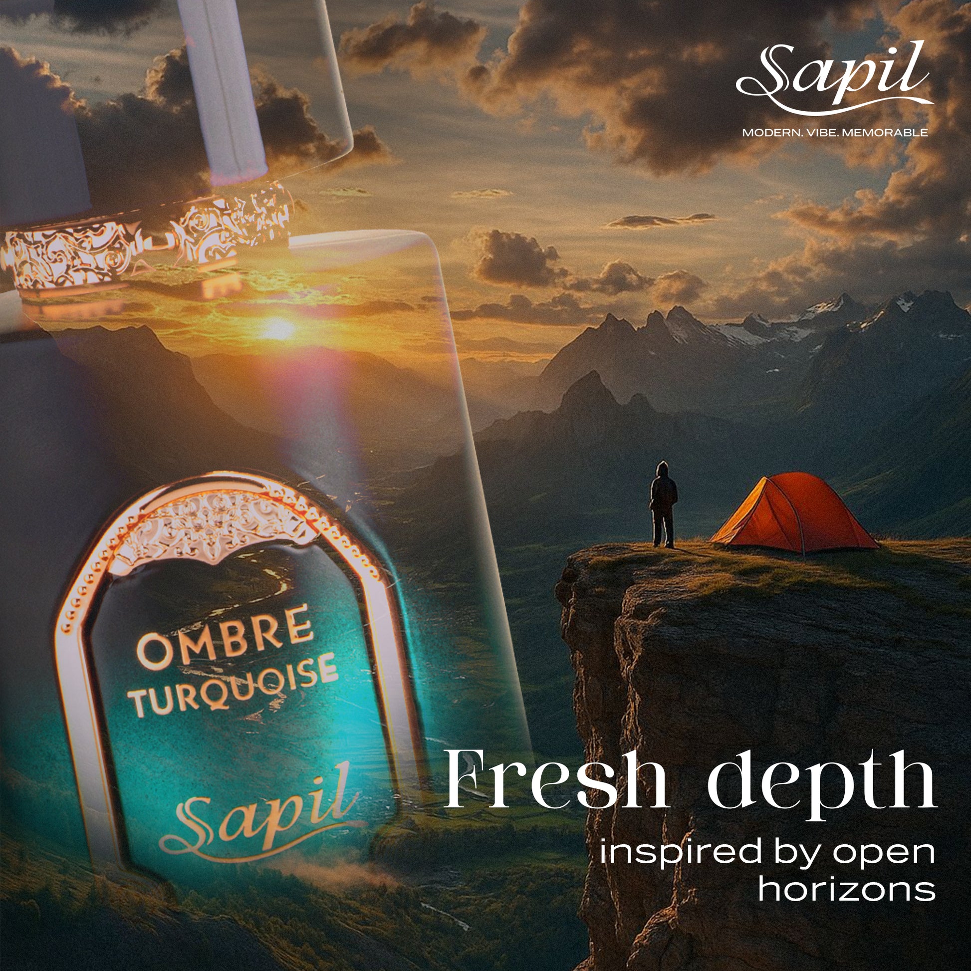 Sapil Ombre Turquoise perfume cinematic lifestyle image inspired by open horizons, fresh depth, and modern masculine fragrance