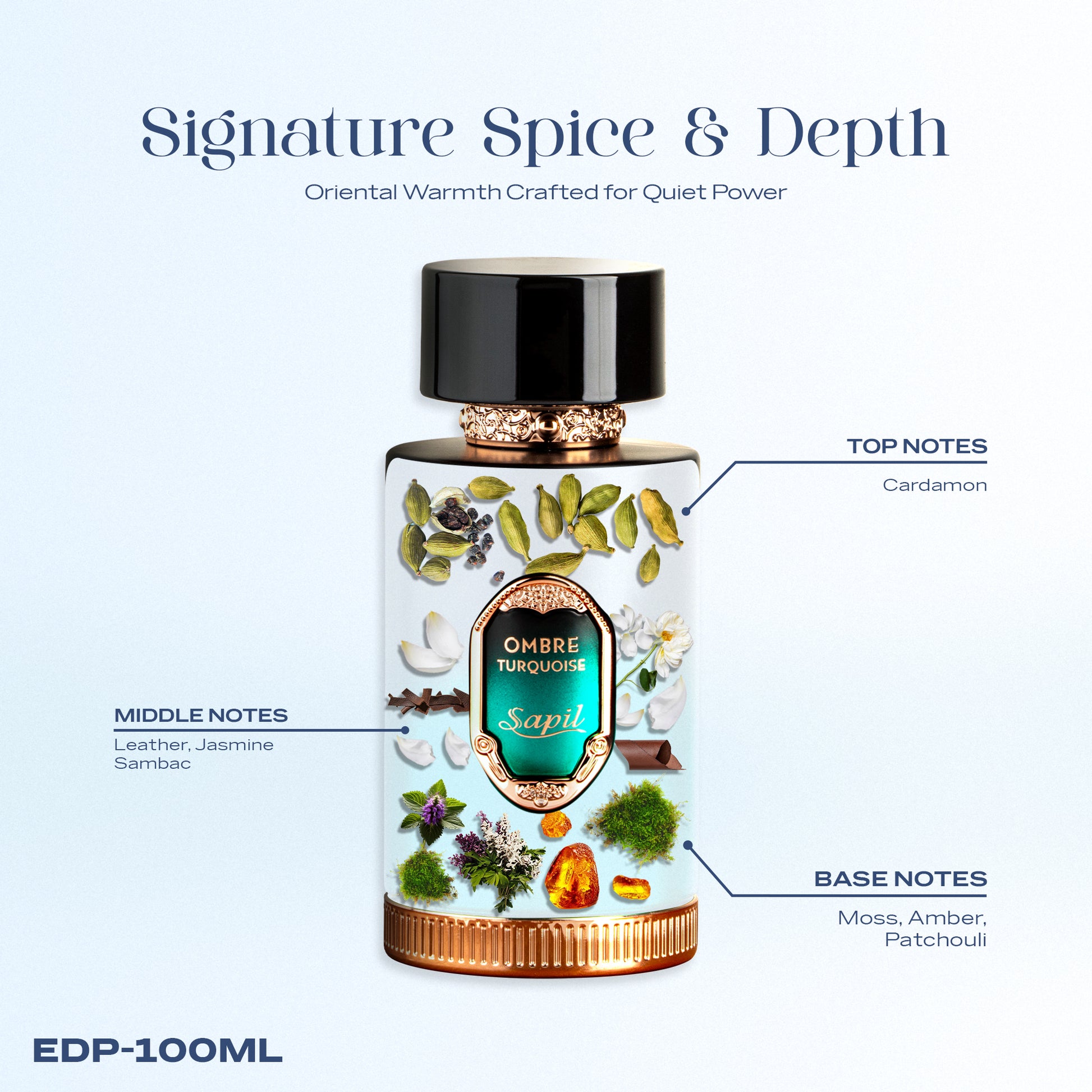 Sapil Ombre Turquoise Eau de Parfum 100ml fragrance notes infographic showing cardamom top notes, leather and jasmine sambac middle notes, and moss amber patchouli base notes
