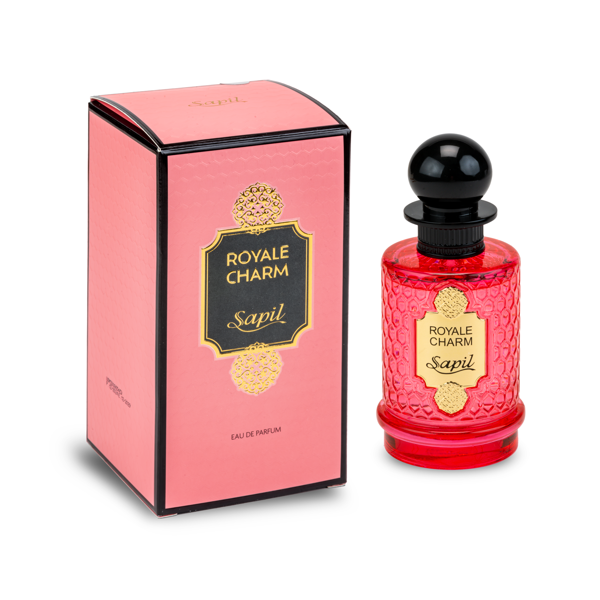 Sapil Royale Charm Eau De Parfum luxury perfume box and red glass bottle packaging