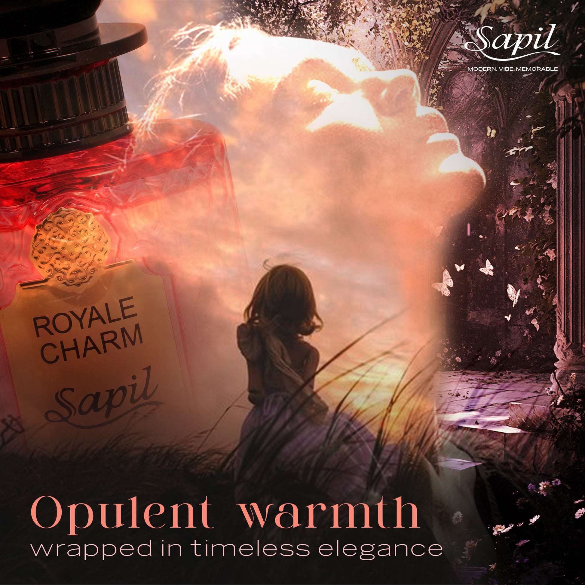 Sapil Royale Charm luxury perfume bottle with warm amber mood and timeless elegant fragrance storytelling