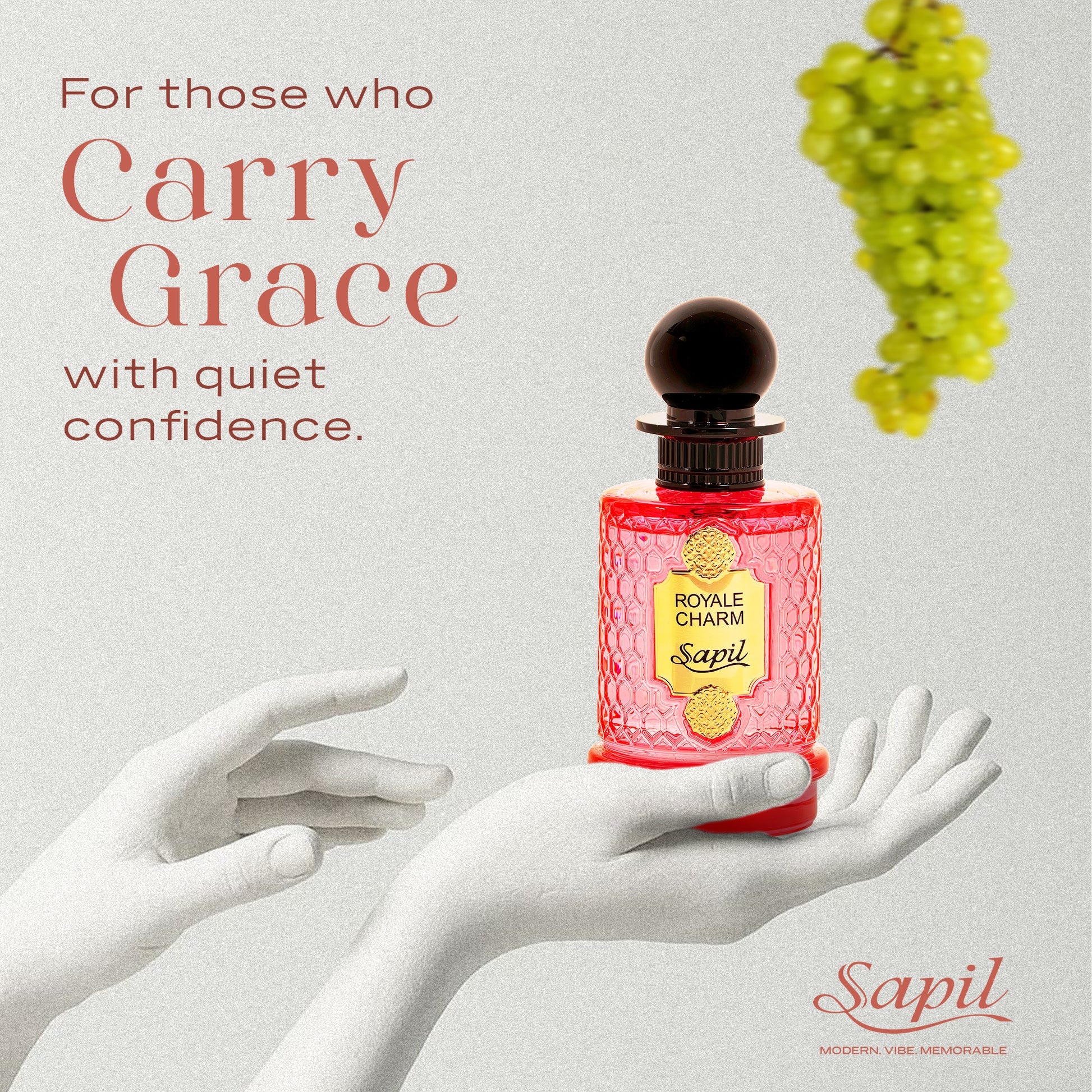 Sapil Royale Charm luxury perfume bottle held in hands symbolizing grace confidence and elegance