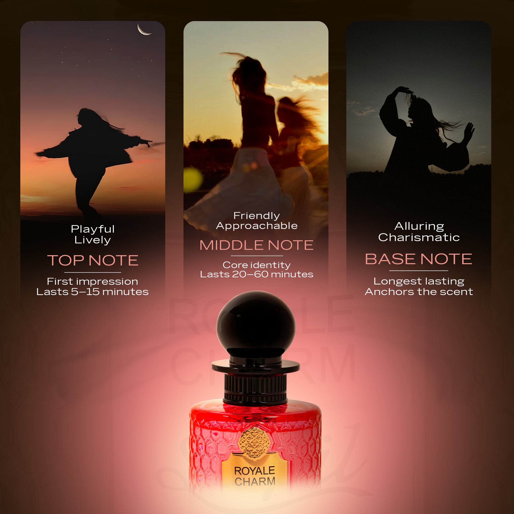 Sapil Royale Charm perfume scent breakdown with top middle and base note characteristics