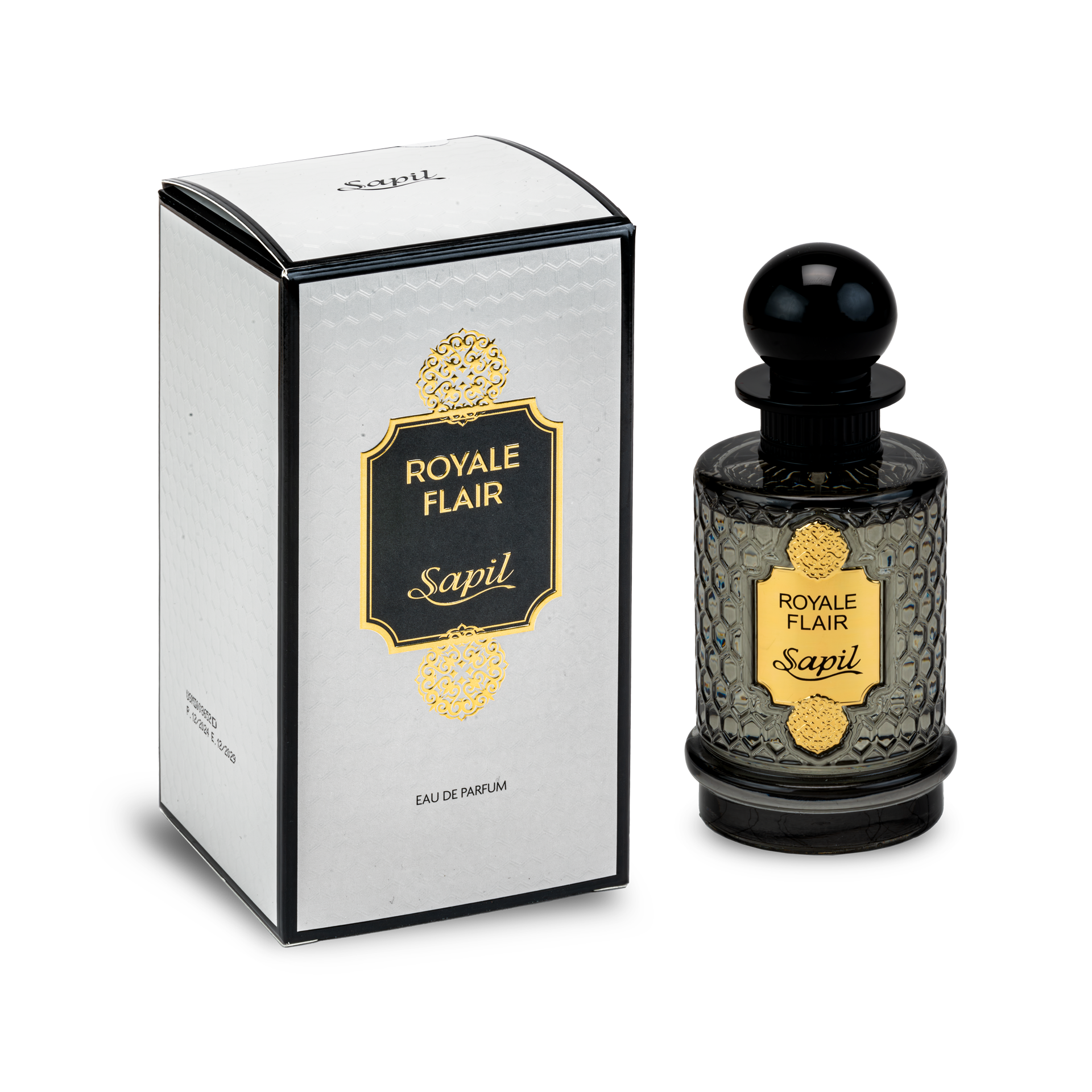 Sapil Royale Flair luxury perfume packaging with textured glass bottle and box