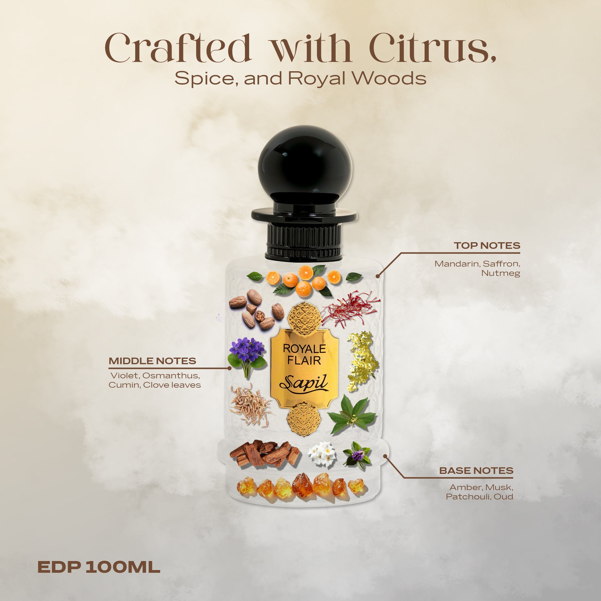 Sapil Royale Flair Eau De Parfum showing top middle and base notes with citrus spice and woods