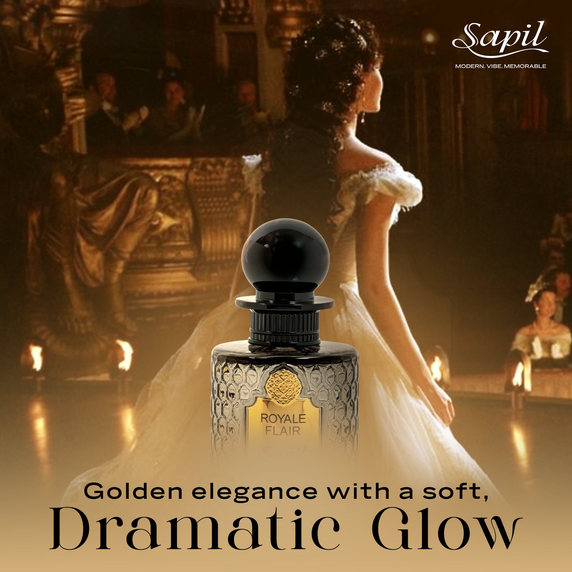 Royale Flair by Sapil luxury perfume evoking golden elegance and dramatic glow