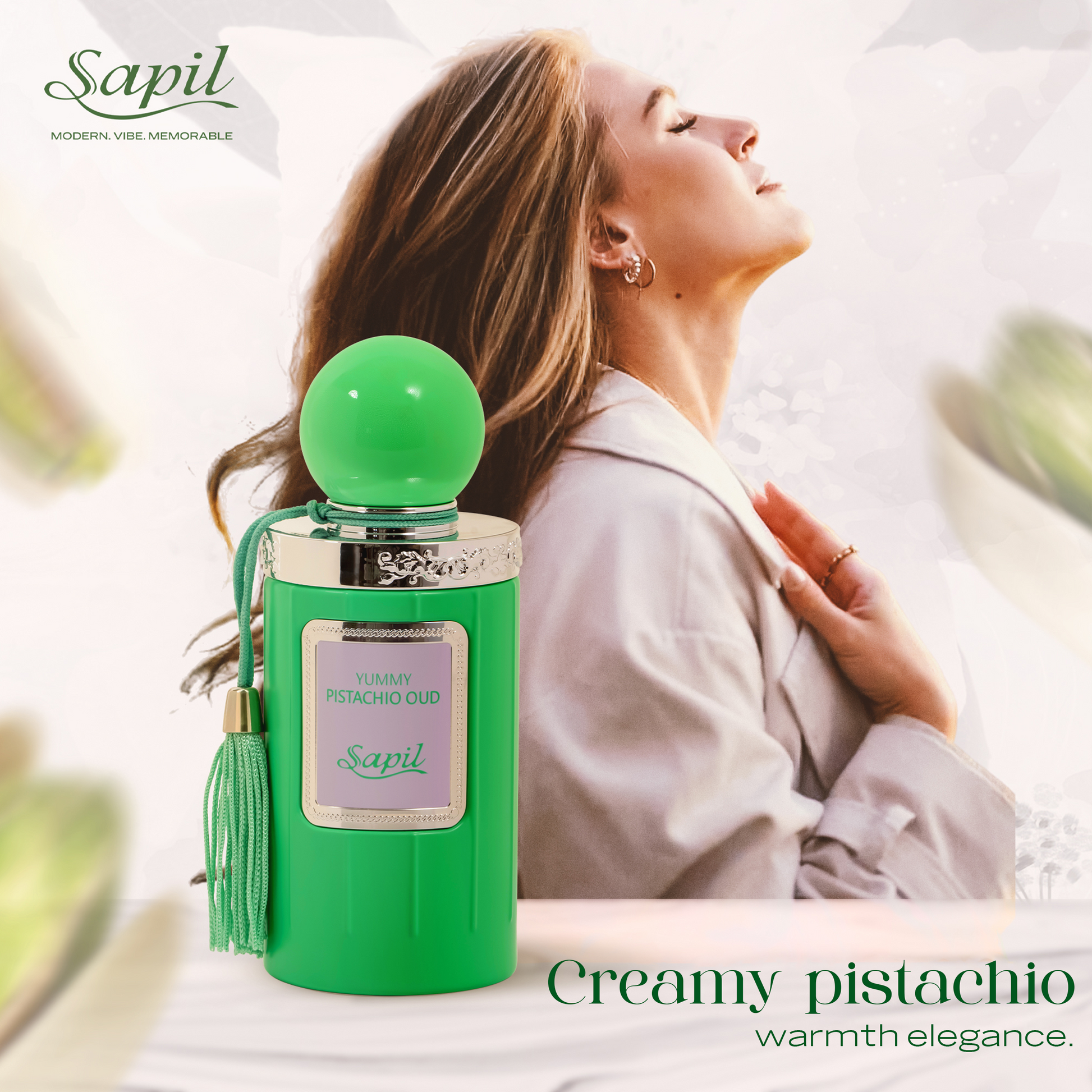 Lifestyle image of Sapil Yummy Pistachio Oud Eau de Parfum 100ml featuring creamy pistachio scent with soft oud warmth and elegant feminine vibe